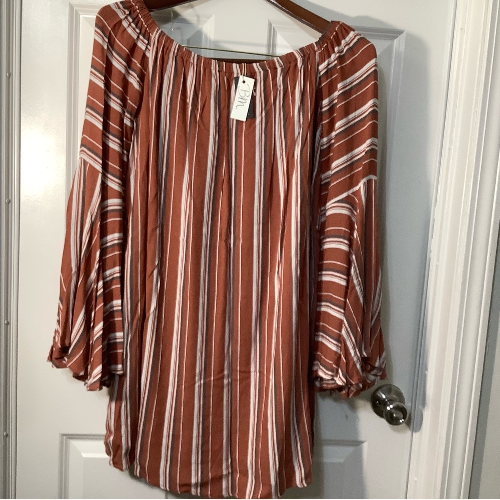 Y2K Hot & Delicious Rust tunic Striped bell sleeves long sleeve size large NWT.